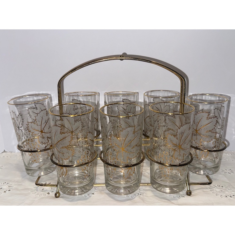 Vintage Gold Leaf Frosted Grape Highball Glasses Set of 8 with Brass Caddy